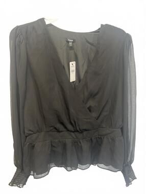 Express XL Black Peplum Blouse Sheer Long Sleeve Women's V-neck Wrap Top New